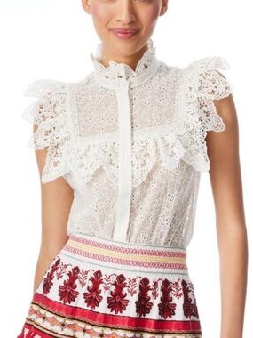 Alice + Olivia White Eyelet Lace Ruffle High-Neck Blouse